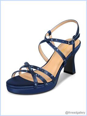 Platform High Heels Block Chunky Strappy Rhinestone Ankle Strap Dress Pump
